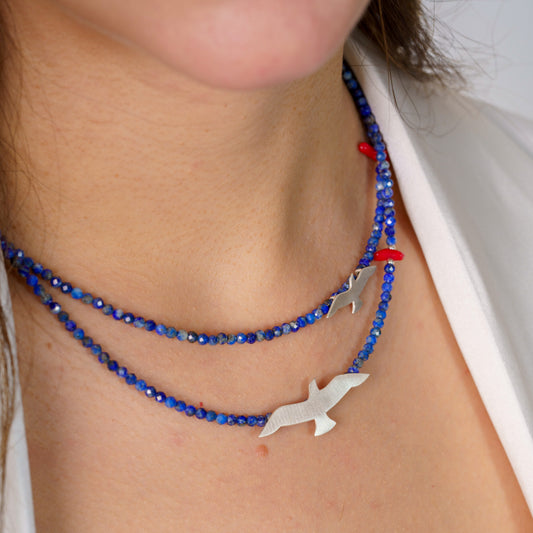 Big and Small Seagull Lapis Lazuli Gemstone and Silver Necklace