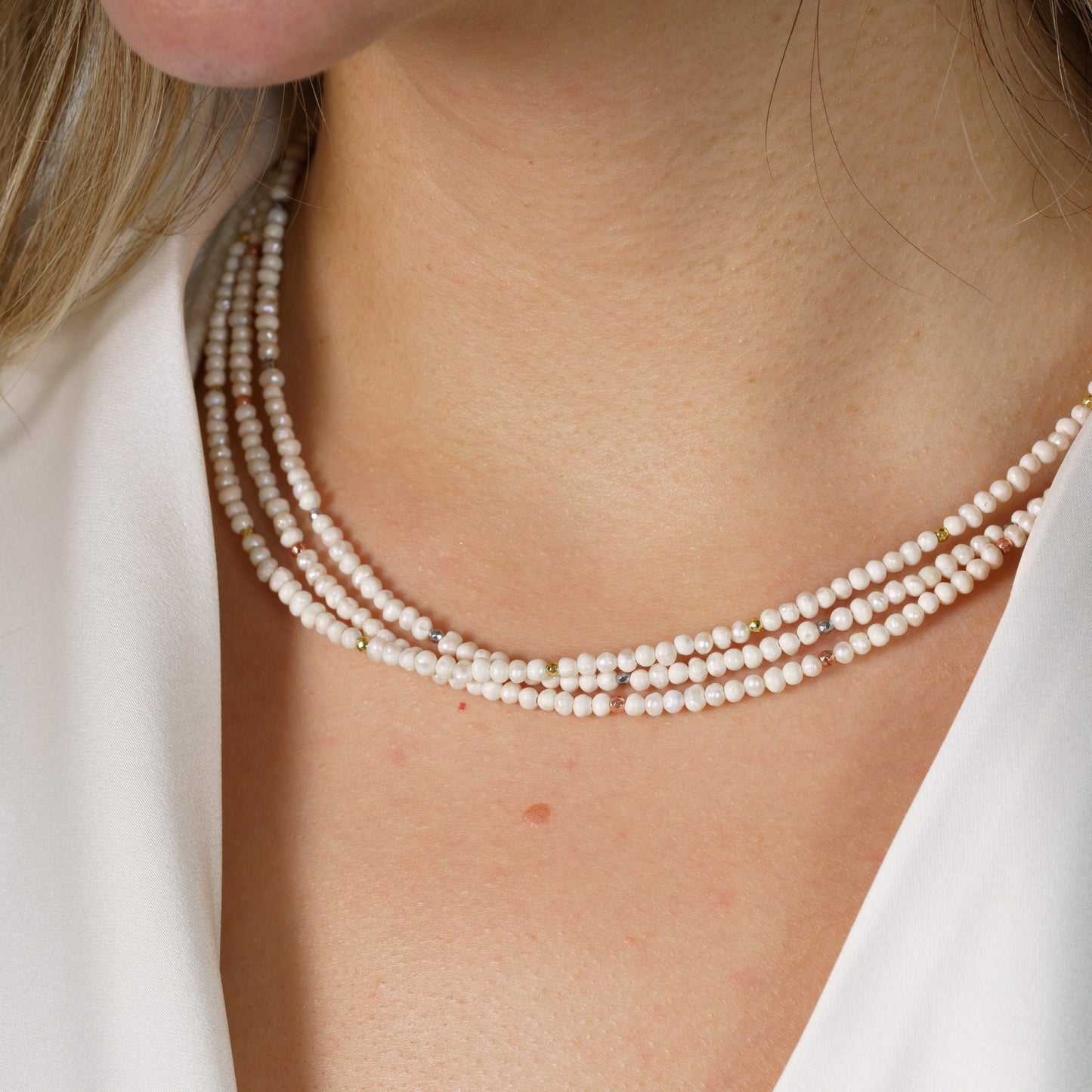 Multi Strand Pearl Necklace with Hematite and 925 Silver