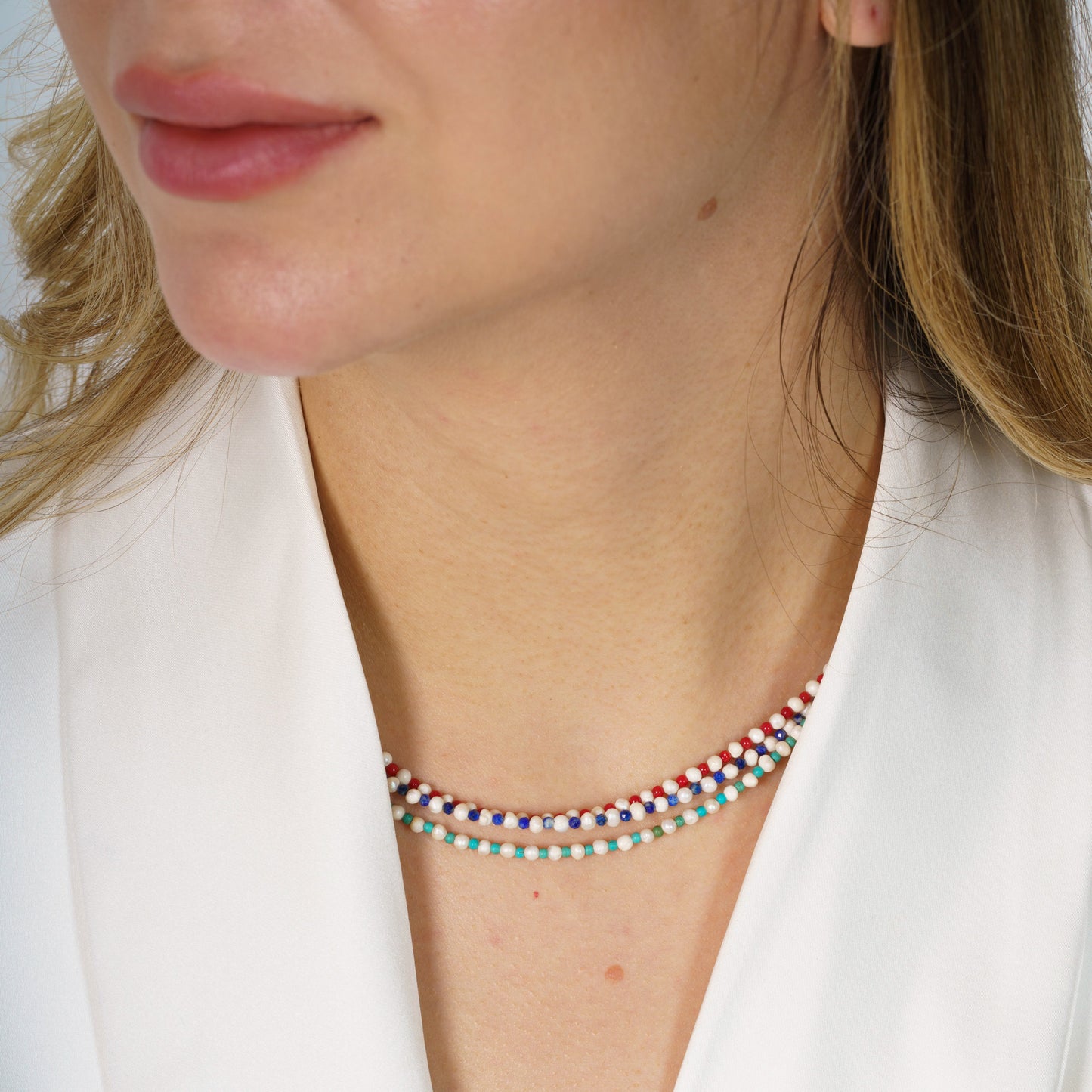 Pearl Necklace Set with Coral Lapis Lazuli and Apatite Gemstones