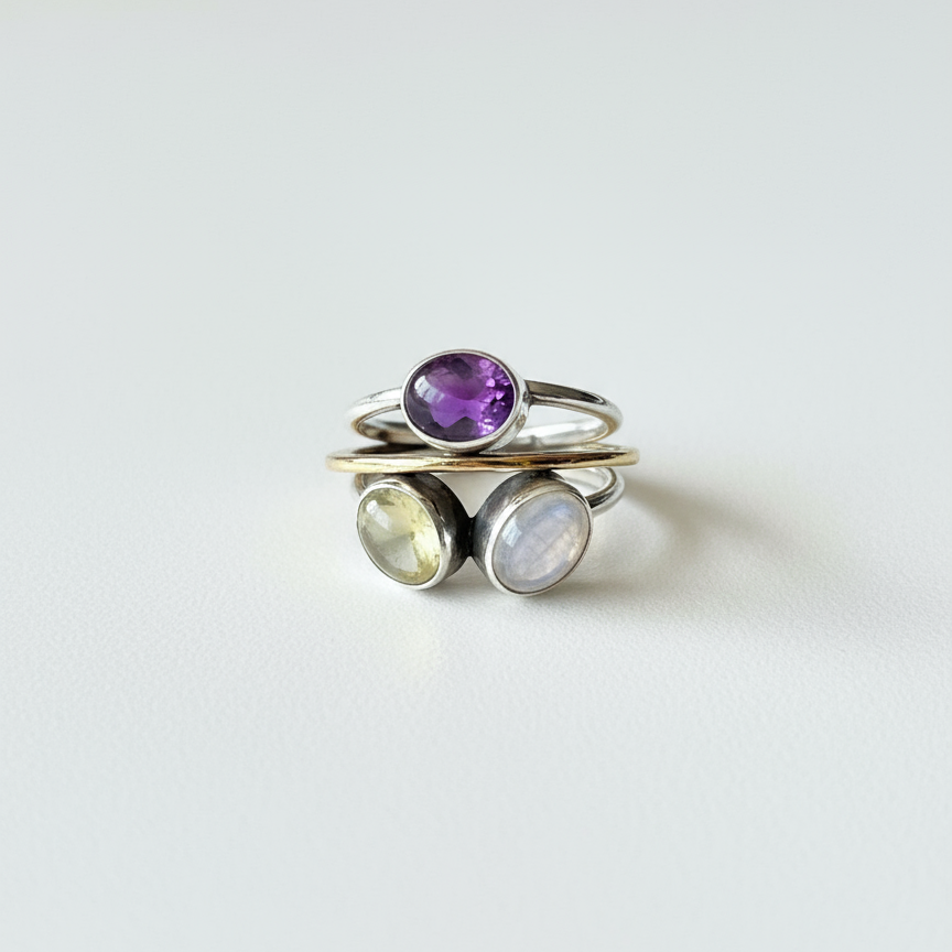 Moonstone, Labradorite & Amethyst Gemstone Ring