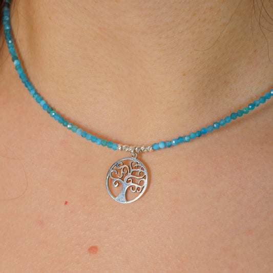 Apatite Gemstone Necklace with Silver Tree of Life Pendant