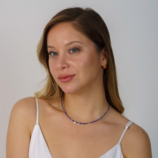 Minimal Lapis Lazuli Gemstone Necklace with Silver Three Bird Pendants