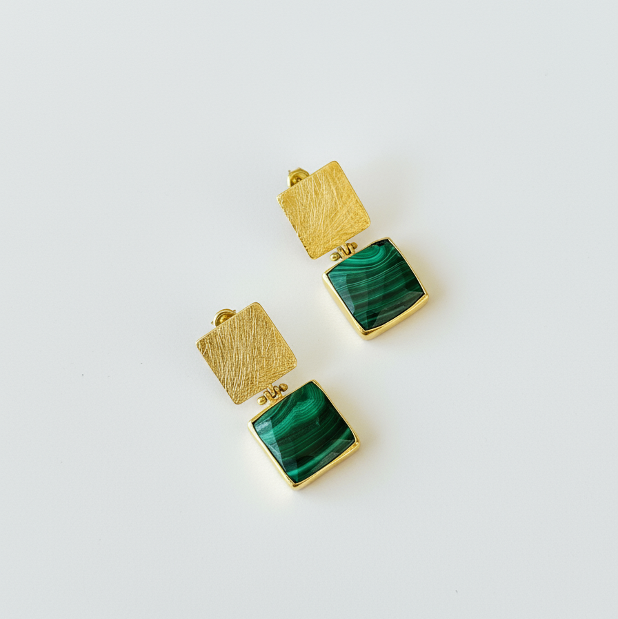 Malachite Square Drop Earrings in Sterling Silver Gold Plated