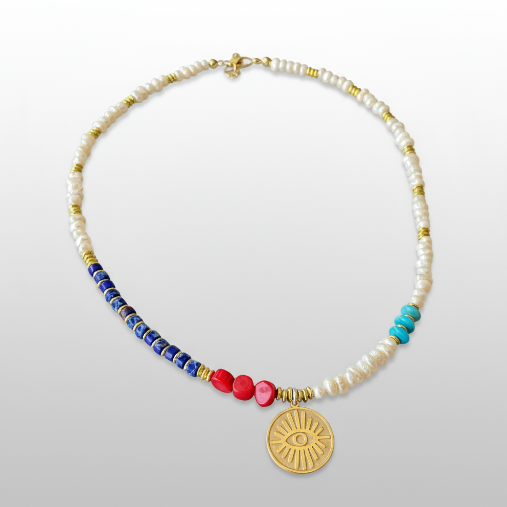Evil Eye Necklace with Gemstones and Pearls