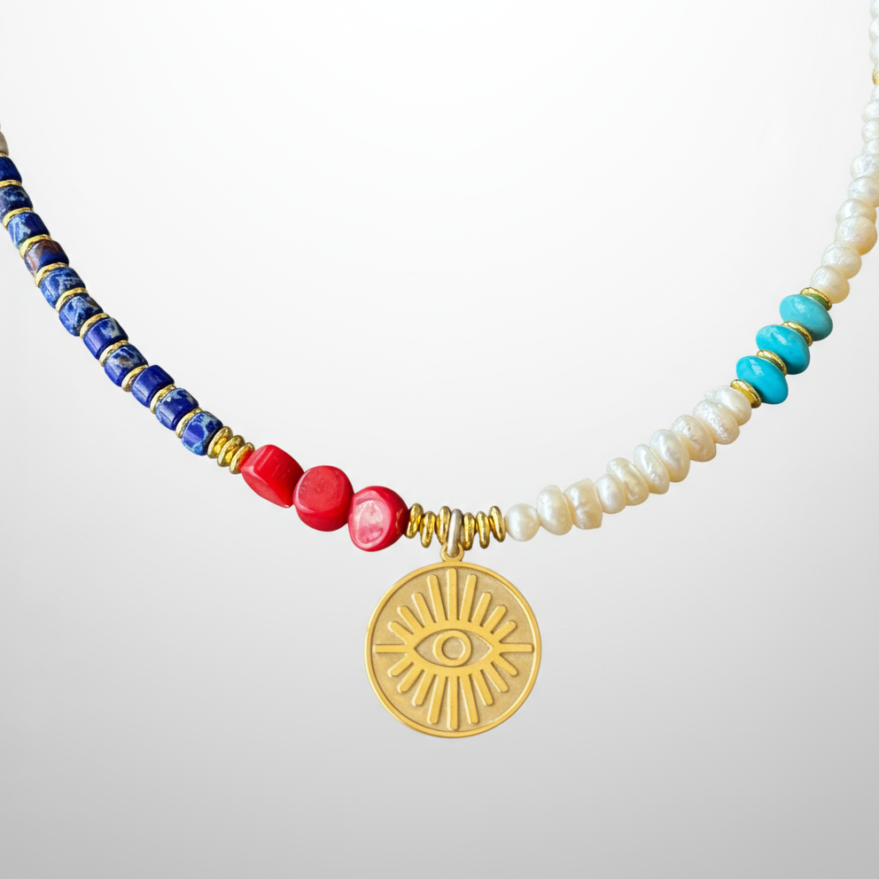 Evil Eye Necklace with Gemstones and Pearls