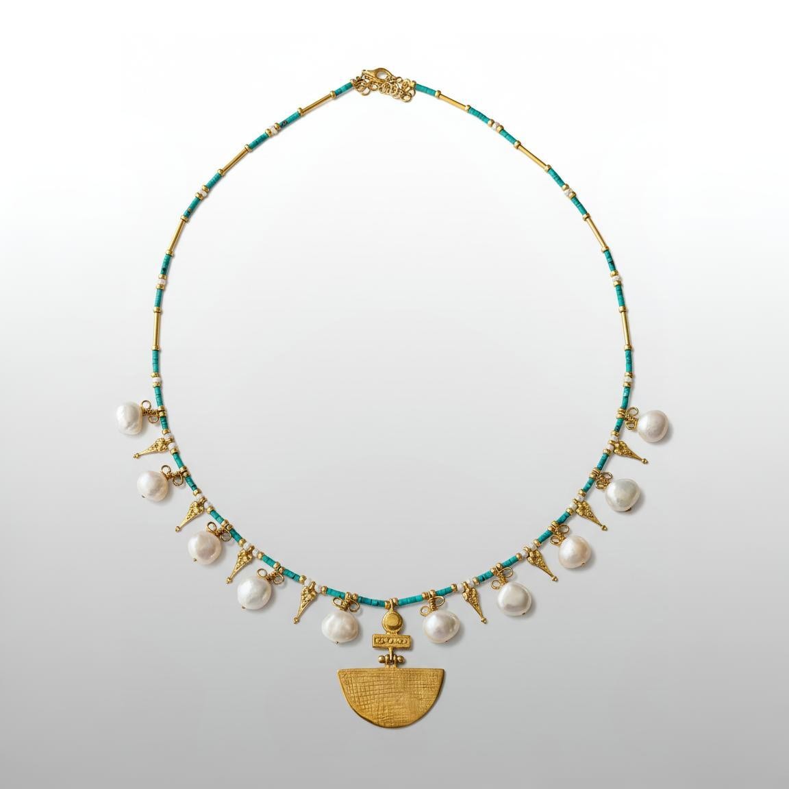 Selena Turquoise Gemstone and Pearl Necklace - Gold Plated