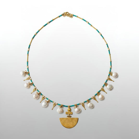 Selena Turquoise Gemstone and Pearl Necklace - Gold Plated