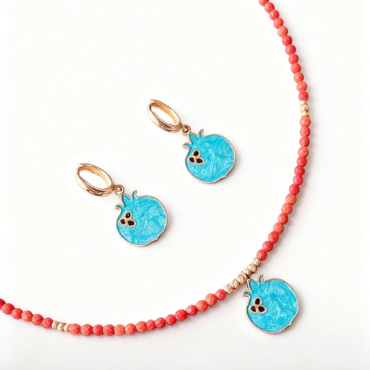Nar Red Coral Gemstone Necklace and Earrings Set