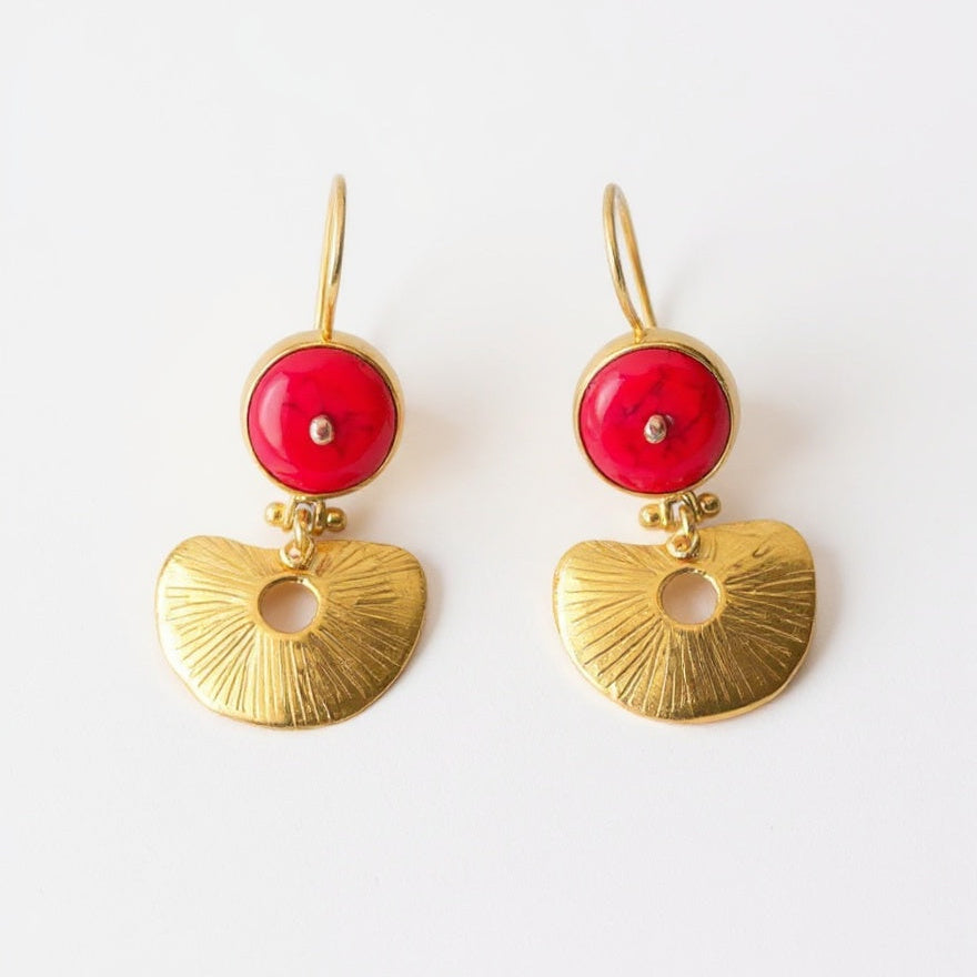 Red Coral and Gold Plated Silver Statement Earrings