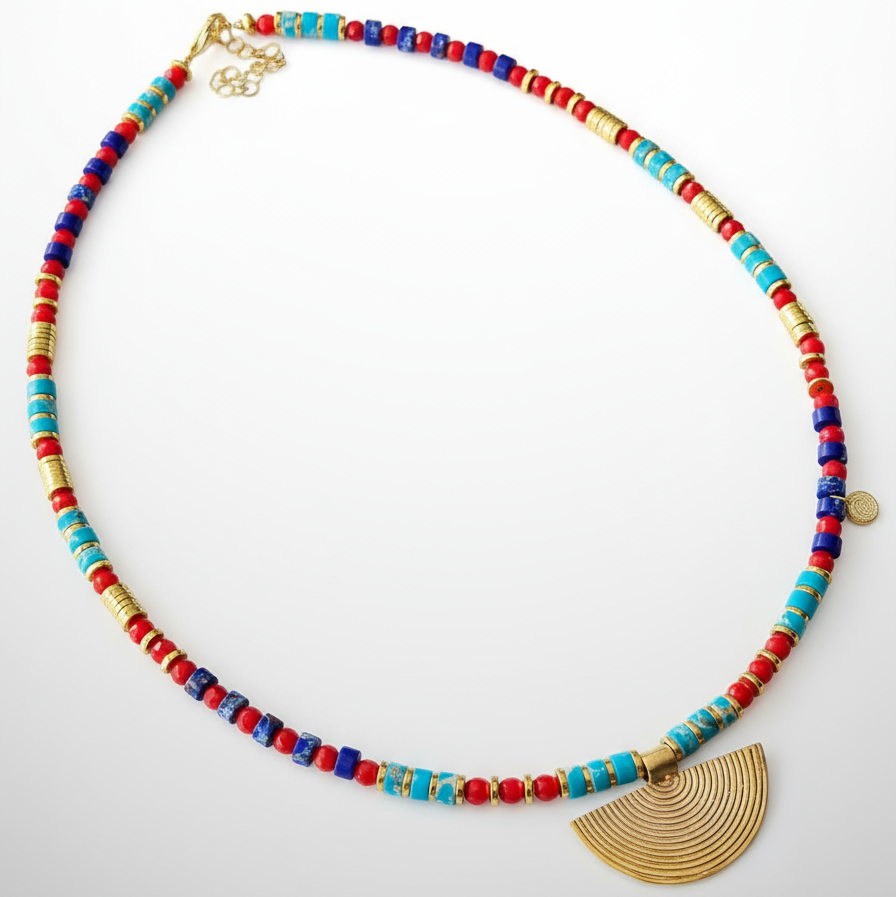 Multicolor Gemstone Necklace with Silver Fan Pendant