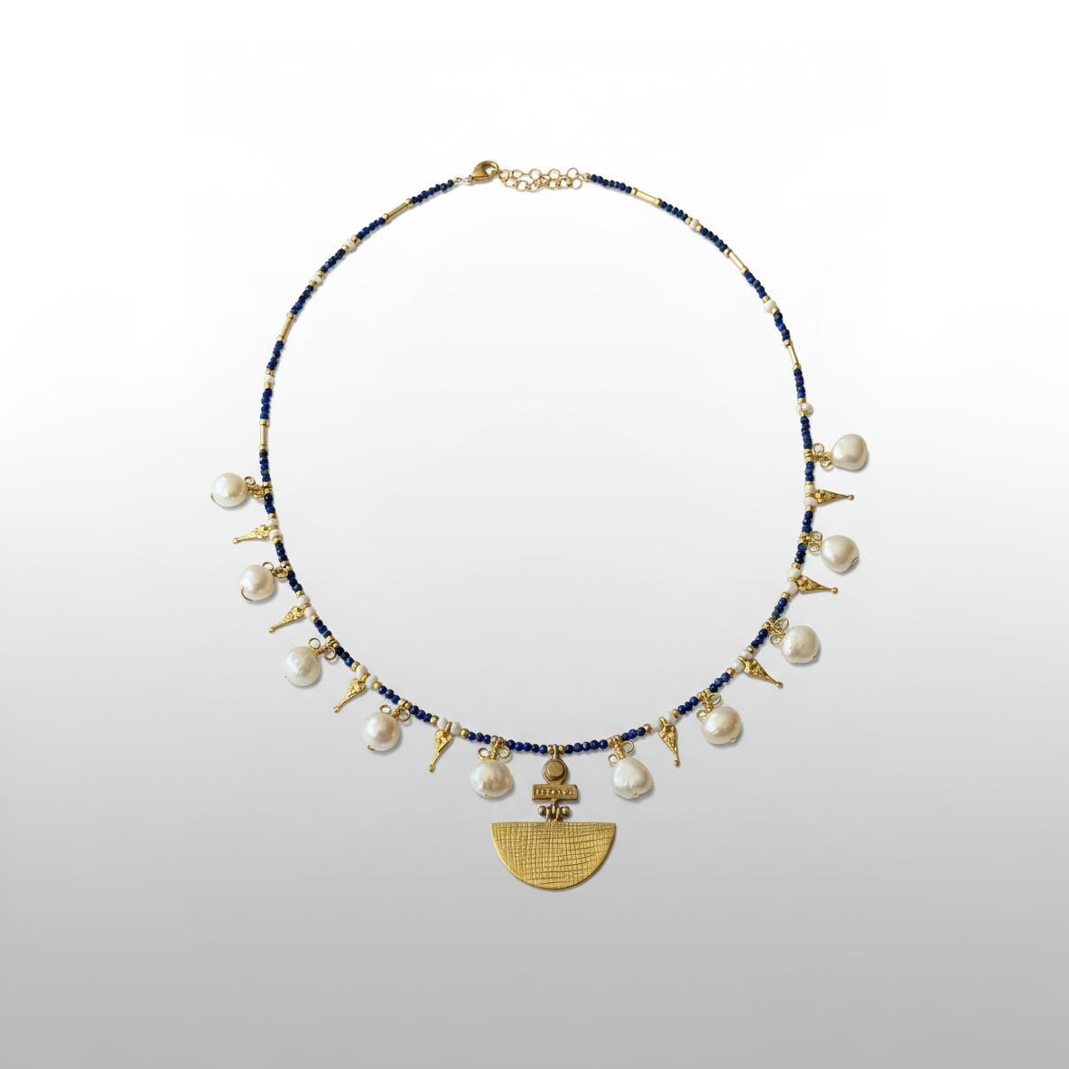 Selena Lapis Lazuli Gemstone and Pearl Necklace Silver Gold Plated