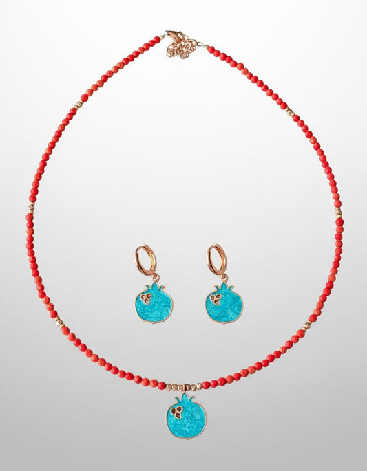 Nar Red Coral Gemstone Necklace and Earrings Set