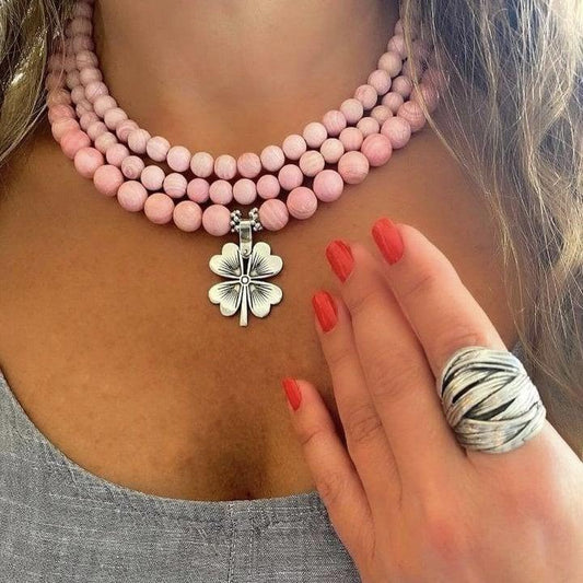Pink Coral Gemstone Layered Necklace with Silver Clover Pendant