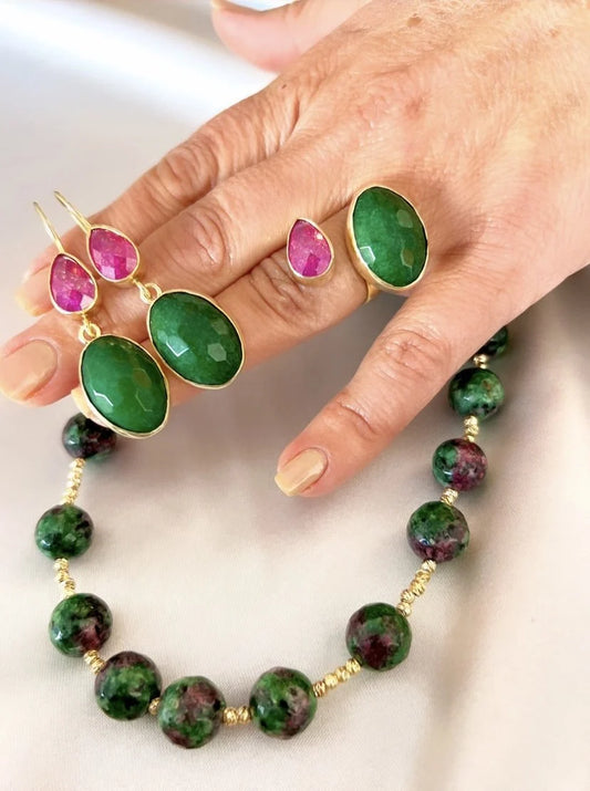Green Jade and Strawberry Quartz Gemstone Jewellery Set