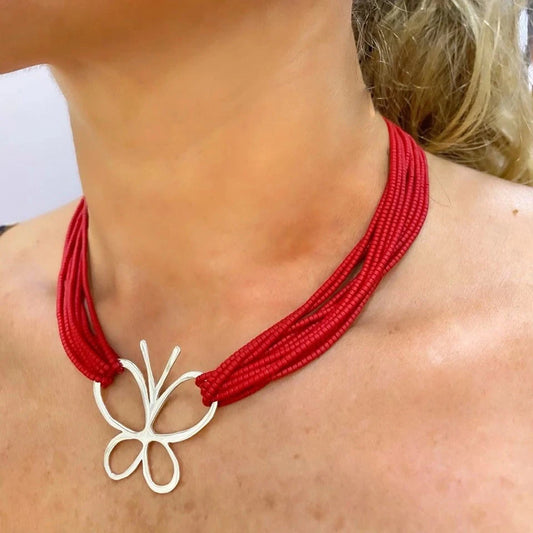 Coral Gemstone Layered Necklace with Silver Butterfly Pendant