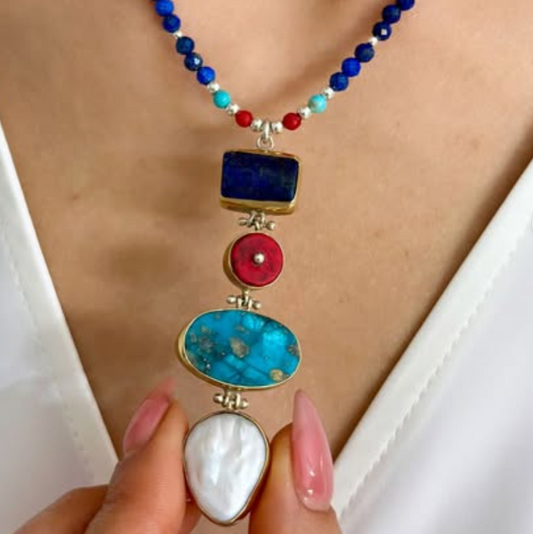 Lapis Lazuli, Coral, Turquoise Gemstone Necklace