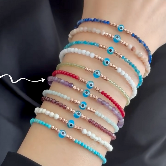 Amthyst Gemstone Bracelet with Mini Evil Eye Charm