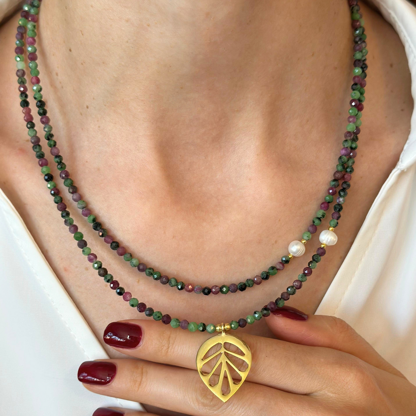 Ruby Zoisite Gemstone Necklace with Silver Leaf Pendant