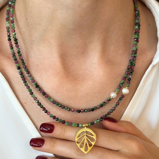 Ruby Zoisite Gemstone Necklace with Silver Leaf Pendant