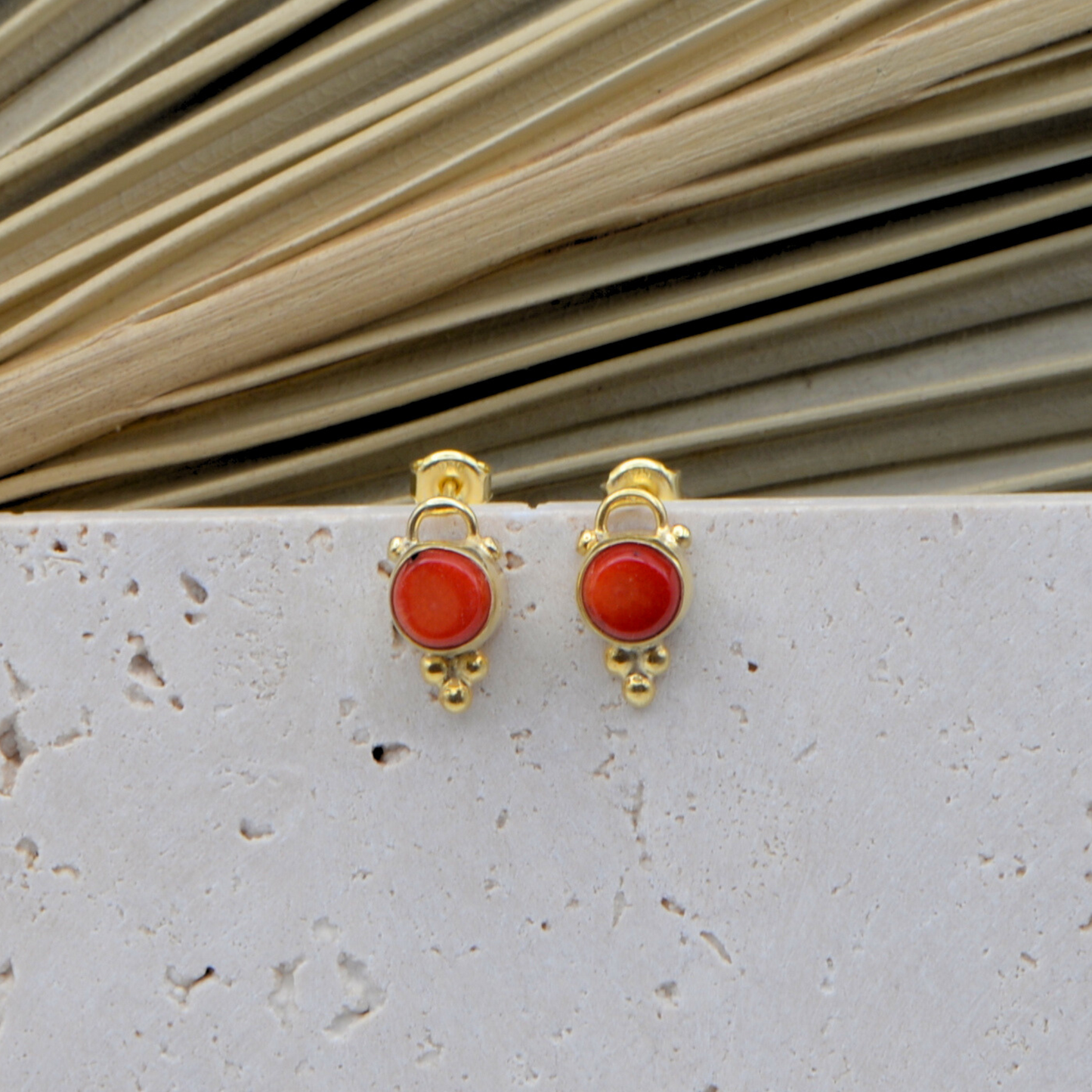 Merle Coral Gemstone and Silver Earrings - 14k Gold Plated
