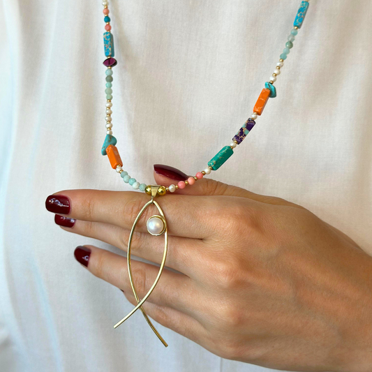 Colourful Gemstones and Pearls Fish Necklace