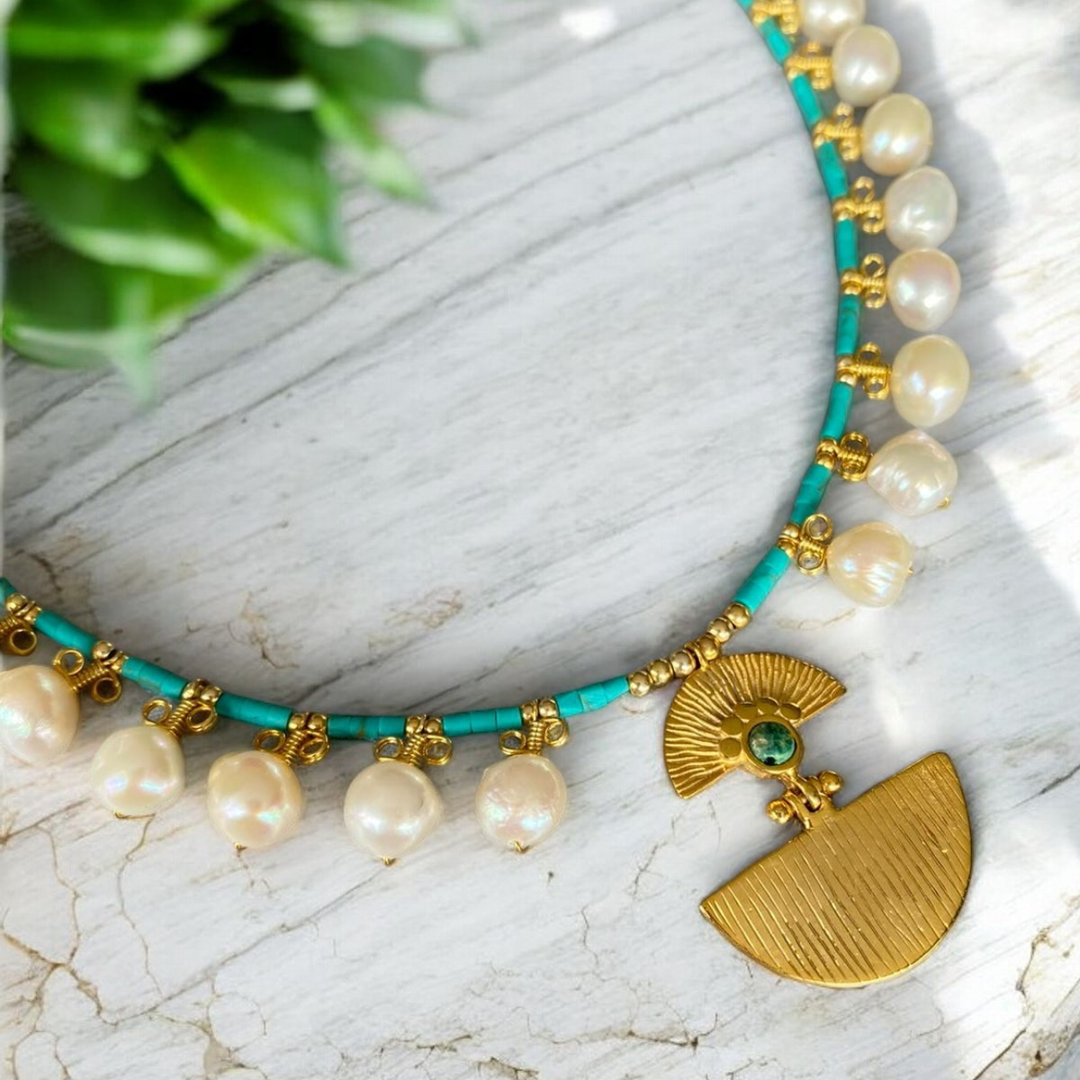 Ariadne Necklace with Pearl and Turquoise Gemstone - Sterling Silver 14K Gold Plated