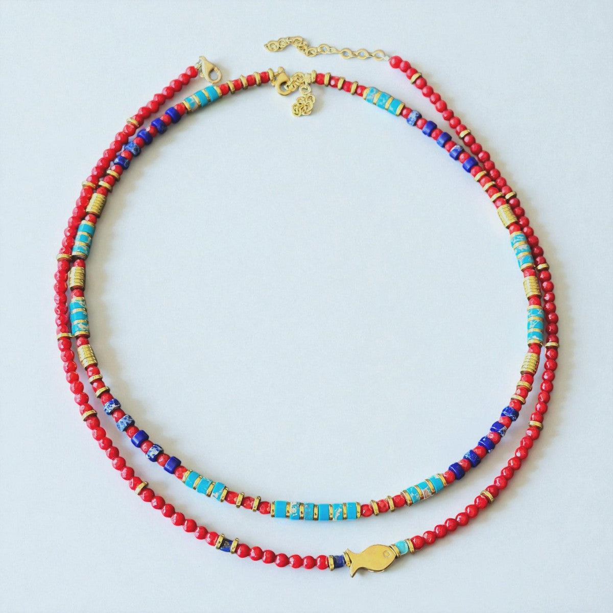 Gemstone Layered Necklace Set with Gold Fish Charm