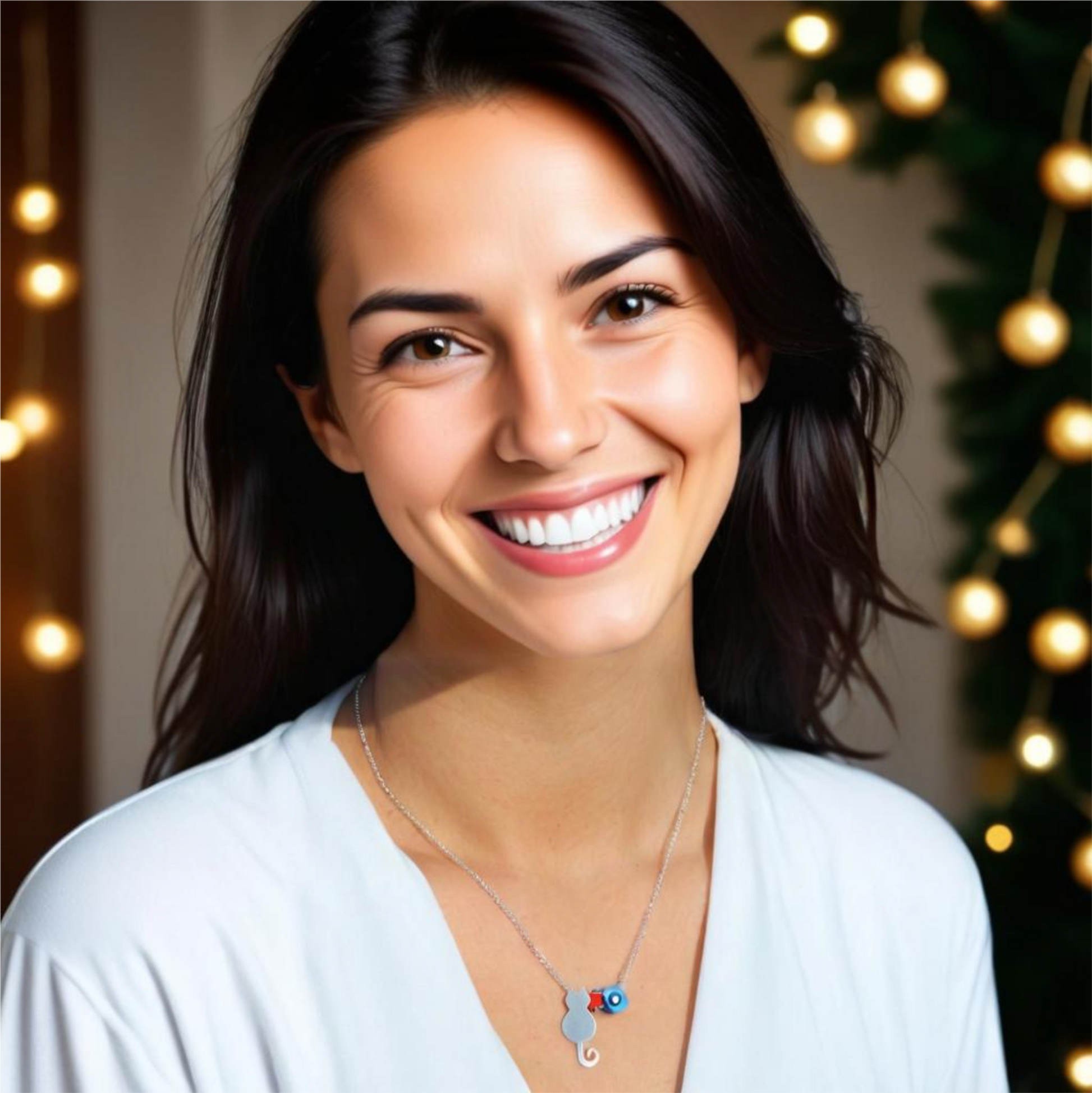 Woman wearing a Cat and Evil Eye Silver Necklace, smiling elegantly with festive lights in the background.