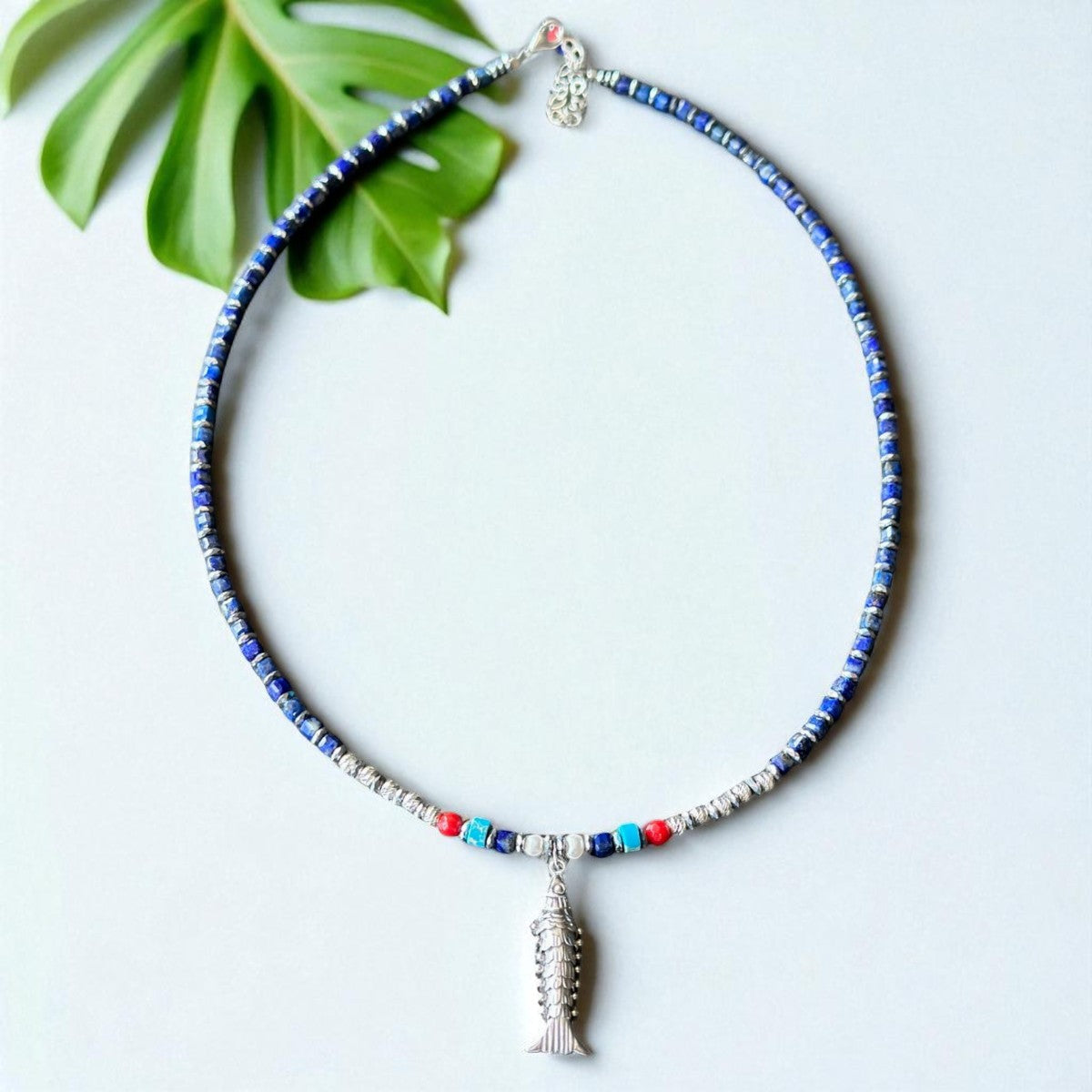Lapis Lazuli Necklace with Silver Sardine Fish Pendant