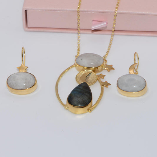 Elegant Day and Night Moonstone Silver Necklace with matching Earrings displayed in front of a pink gift box.