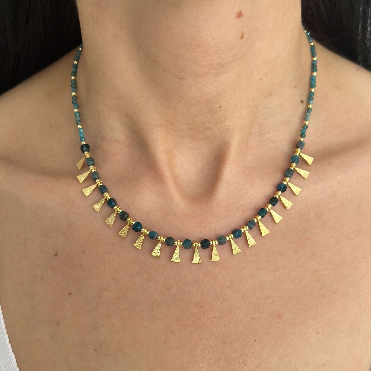 Eva Necklace with Apatite Gemstone in 925 Sterling Silver Gold Plated displayed on a woman's neck