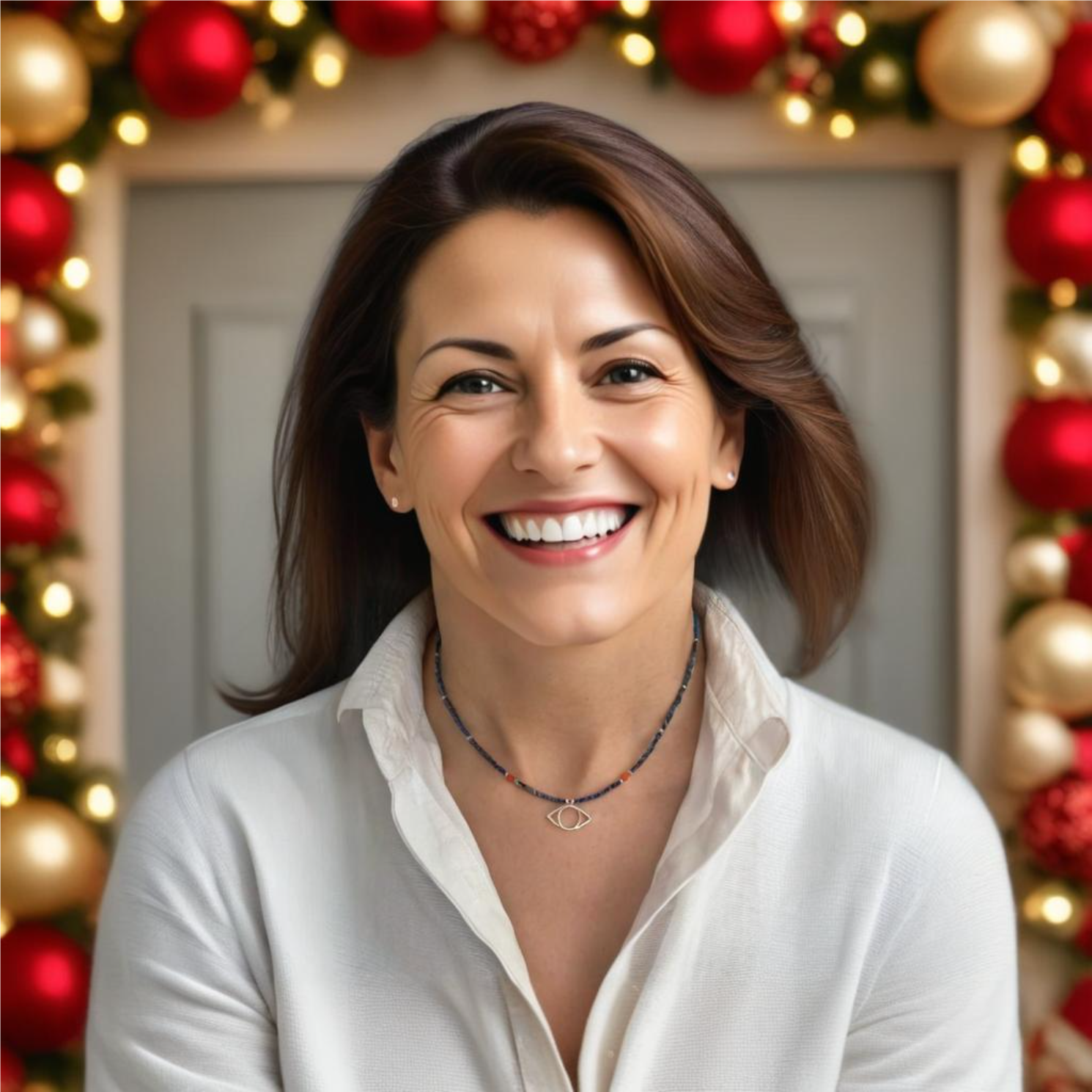 Woman wearing Eye Sterling Silver and Lapis Necklace, smiling in festive setting with red and gold ornaments.