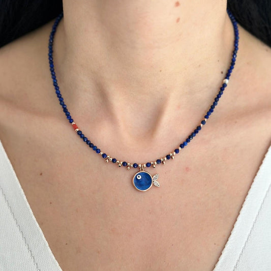 Handcrafted Phuket Lapis Lazuli Fish Necklace - 925 Sterling Silver with Rose Gold Plating
