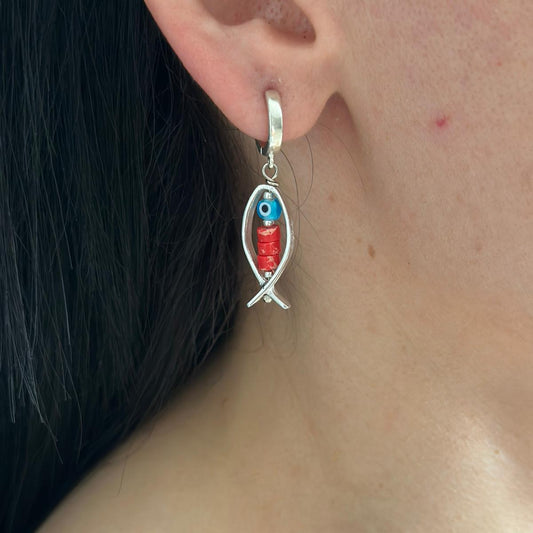 Bonito Red Fish Earrings with Variscite and Evil Eye Glass Bead