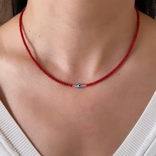 Mini Evil Eye Coral Gemstone Necklace