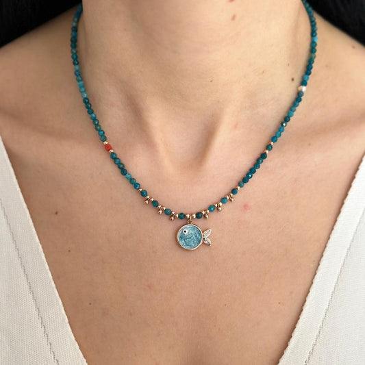 Phuket Apatite Fish Pendant Necklace - Rose Gold Plated 925 Silver on model's neck