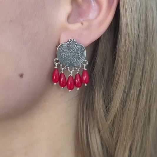 Silver Pomegranate Dangle Drop Earrings with Coral Gemstones