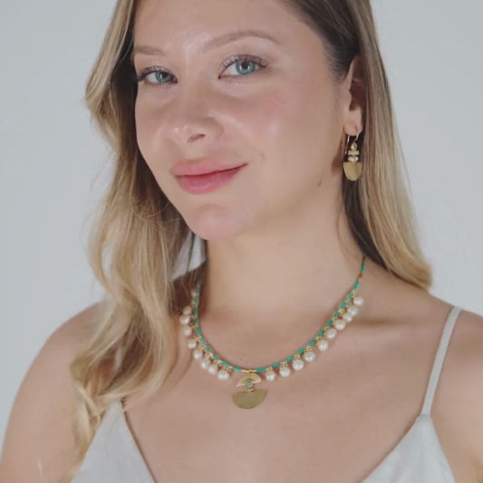 Ariadne Necklace with Pearl and Turquoise Gemstone - Sterling Silver 14K Gold Plated