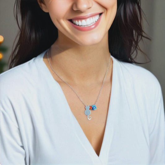 Cat and Evil Eye Silver Necklace
