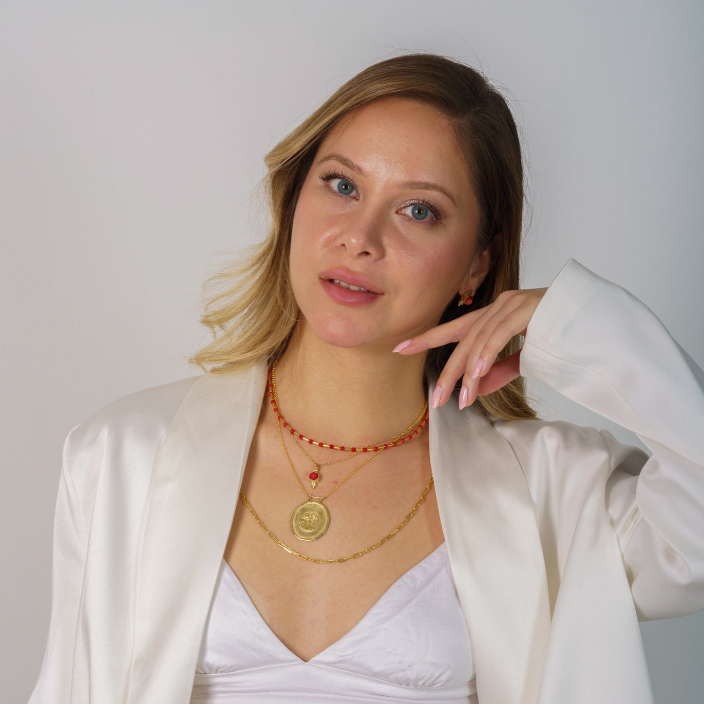 Merle Coral Gemstone Pendant Silver Necklace - Gold Plated