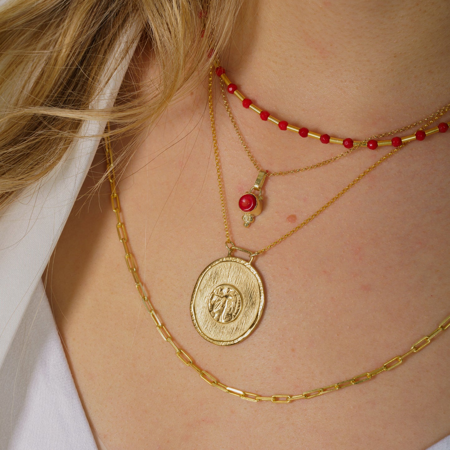 Coral Gemstone and Silver Pipe Necklace