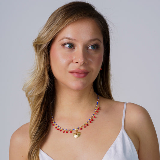 Hera Coral and Lapis Lazuli Gemstone Necklace in 925 Silver with Gold Plating