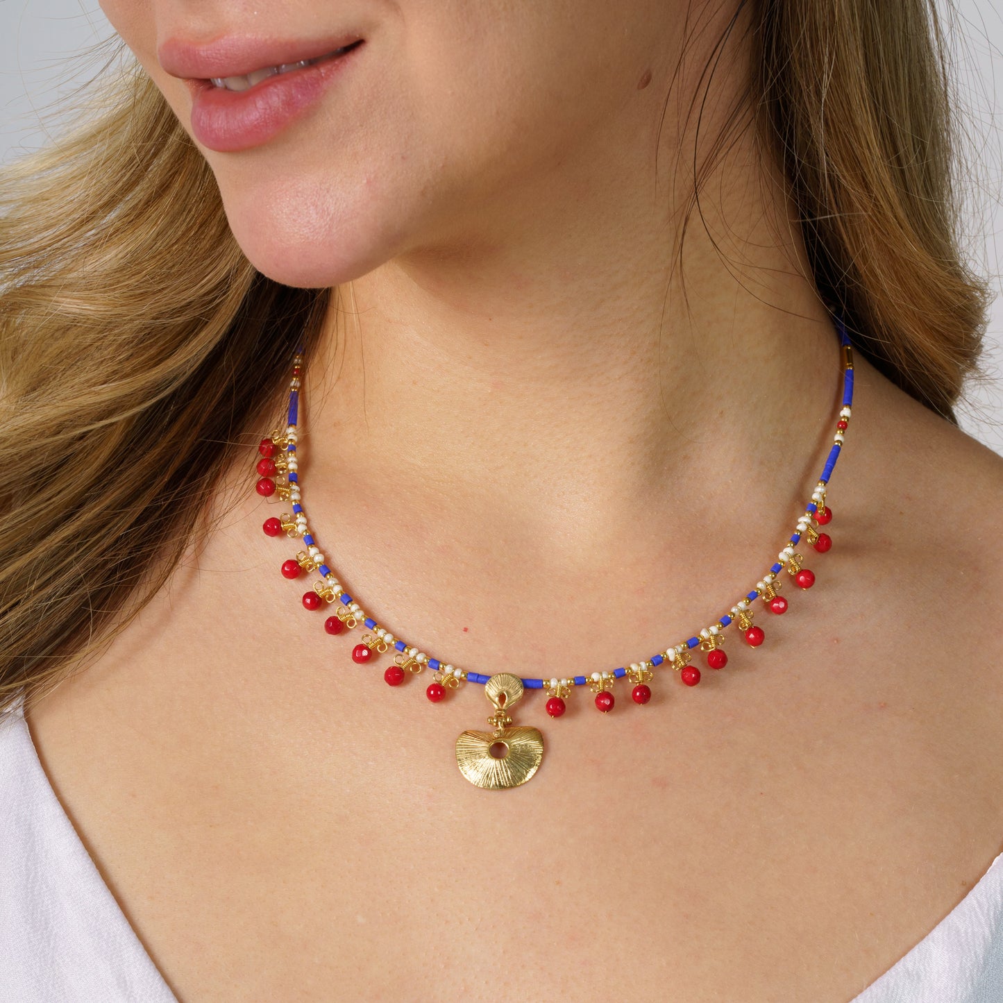 Hera Coral and Lapis Lazuli Gemstone Necklace in 925 Silver with Gold Plating