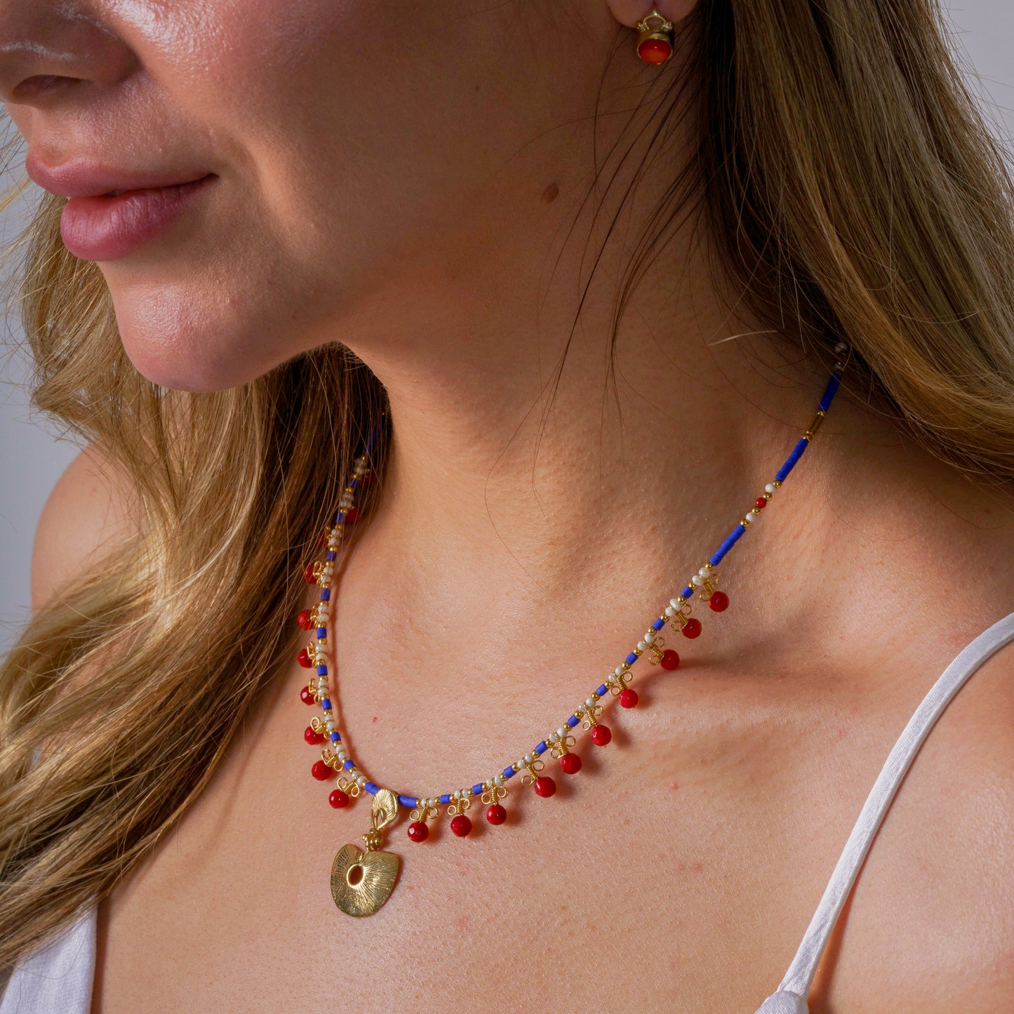 Hera Coral and Lapis Lazuli Gemstone Necklace in 925 Silver with Gold Plating