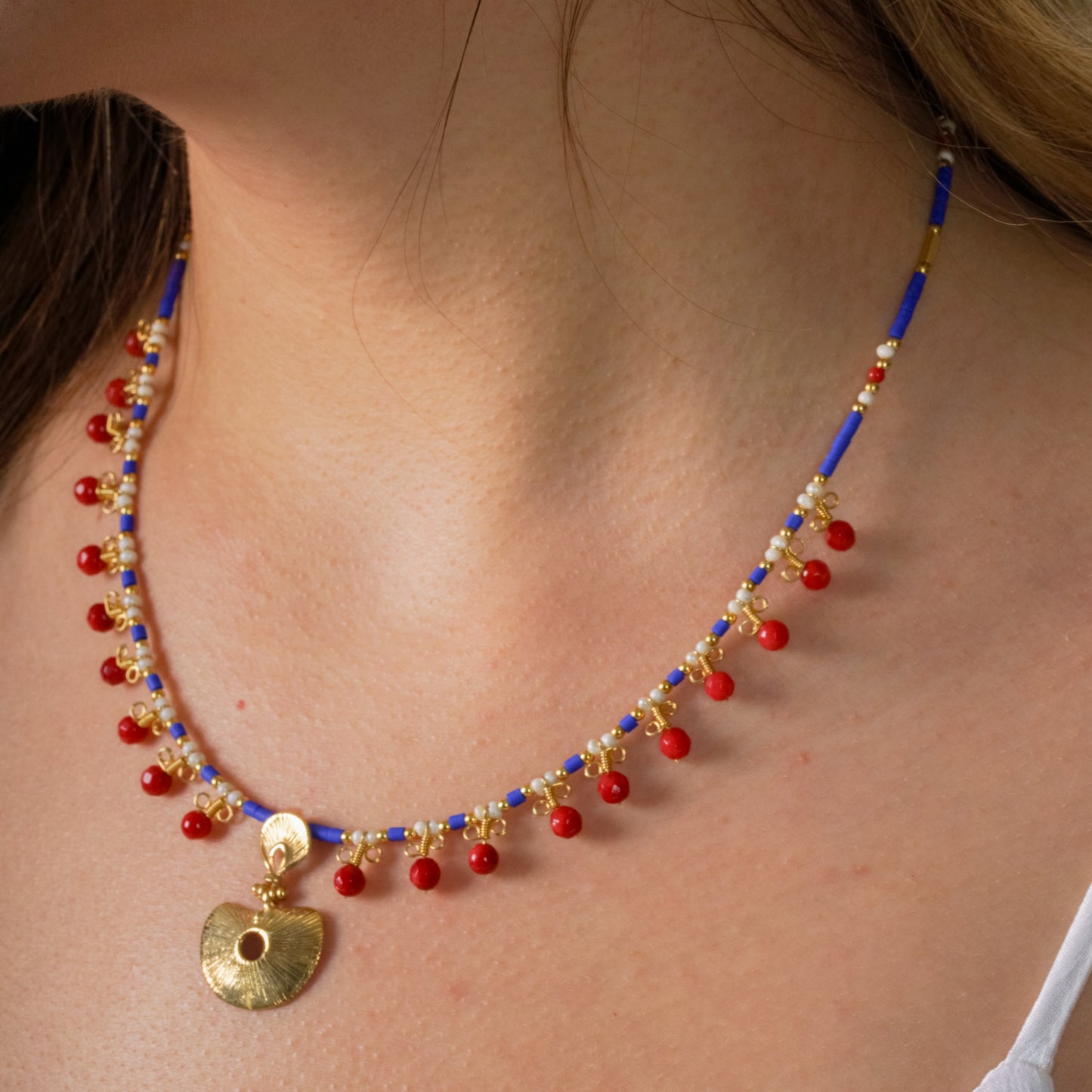 Hera Coral and Lapis Lazuli Gemstone Necklace in 925 Silver with Gold Plating