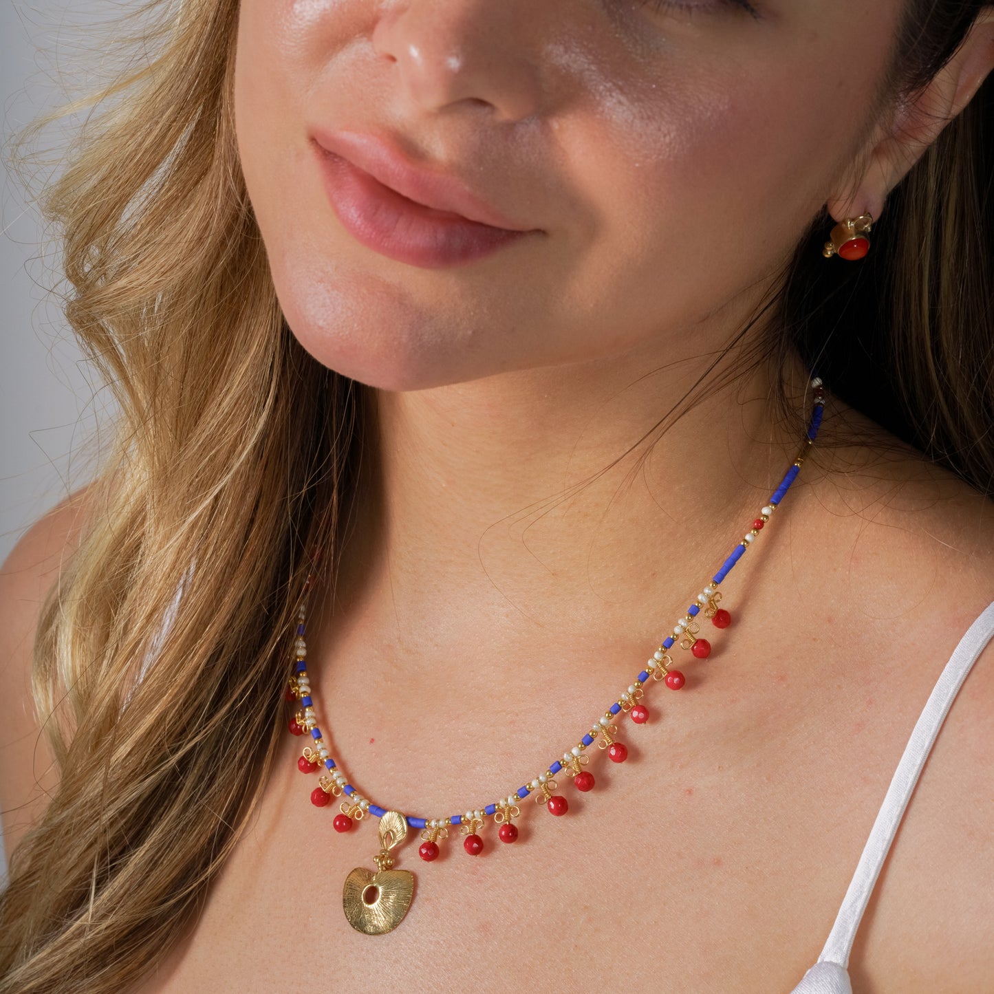 Hera Coral and Lapis Lazuli Gemstone Necklace in 925 Silver with Gold Plating