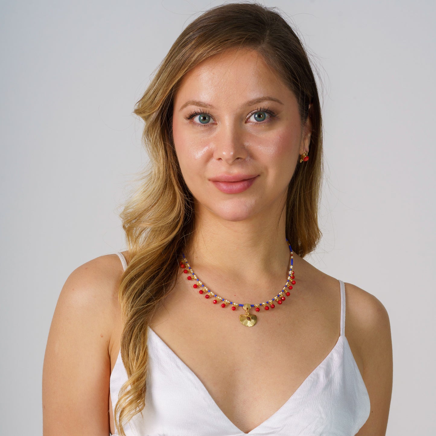 Hera Coral and Lapis Lazuli Gemstone Necklace in 925 Silver with Gold Plating