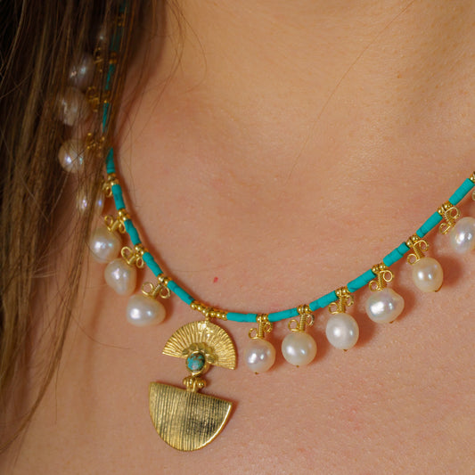 Ariadne Necklace with Pearl and Turquoise Gemstone - Sterling Silver 14K Gold Plated