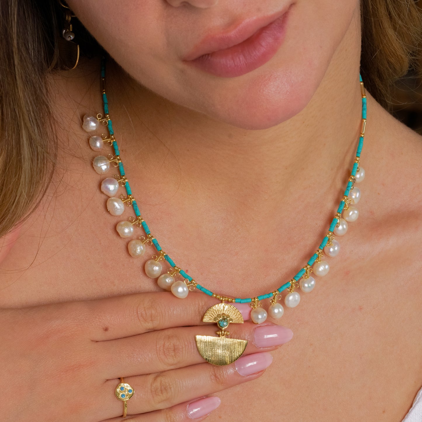 Ariadne Necklace with Pearl and Turquoise Gemstone - Sterling Silver 14K Gold Plated
