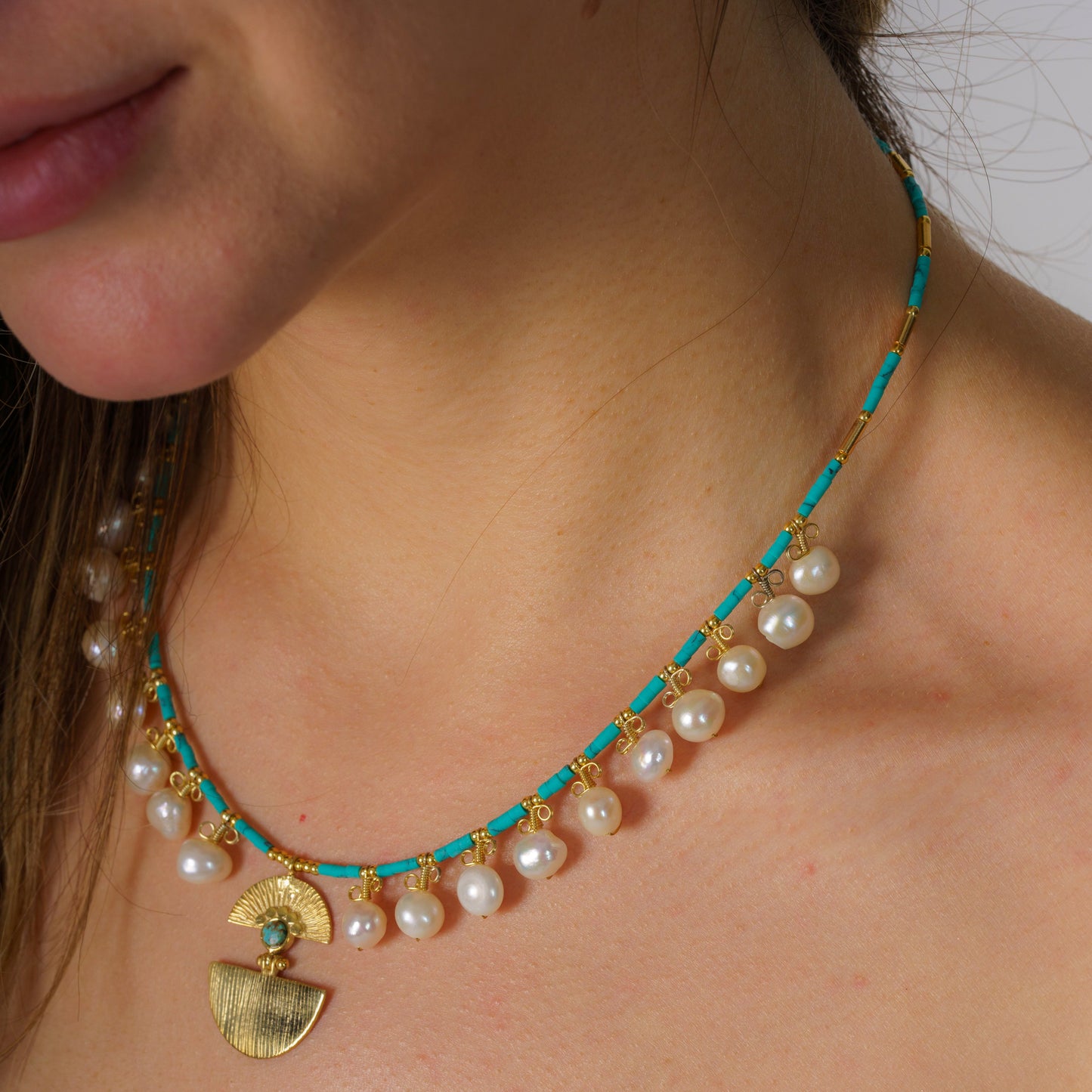 Ariadne Necklace with Pearl and Turquoise Gemstone - Sterling Silver 14K Gold Plated
